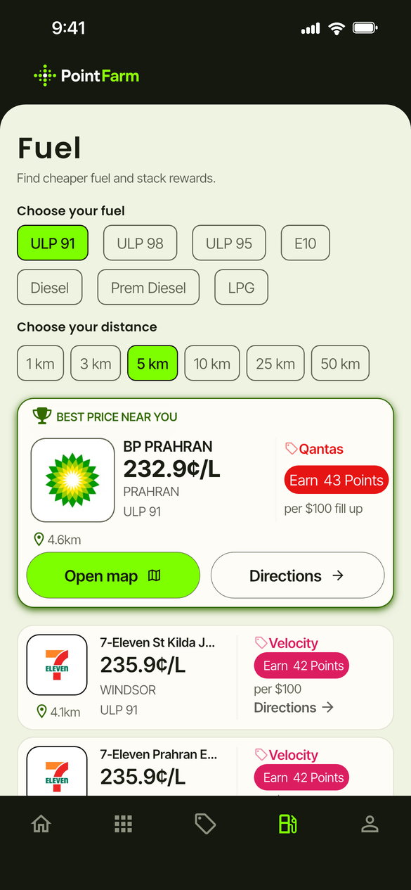PointFarm Fuel screen