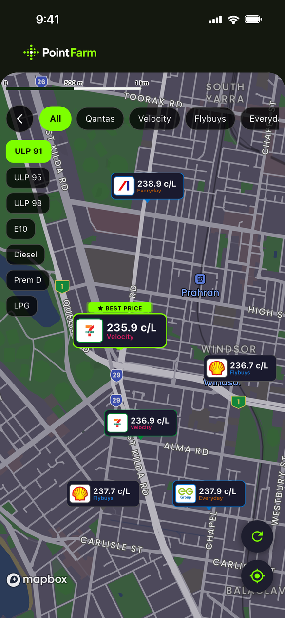 PointFarm live fuel map showing best price near you