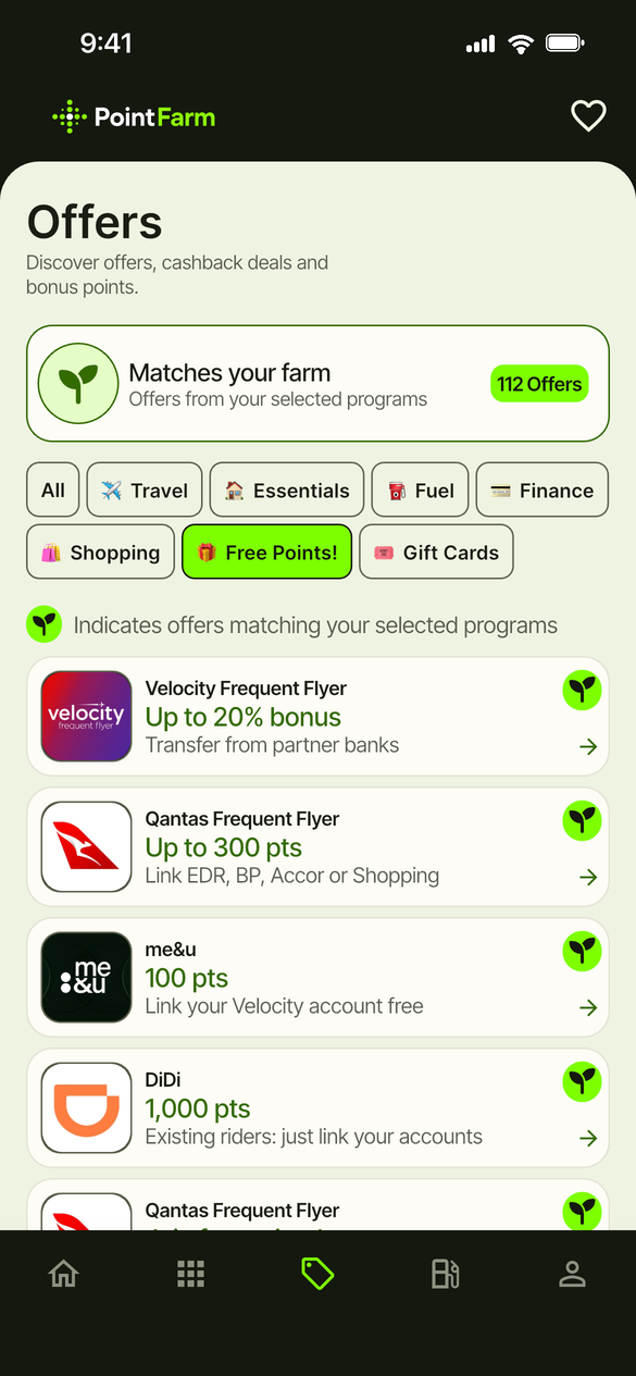PointFarm Offers screen