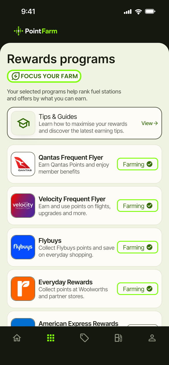 PointFarm Rewards Programs screen